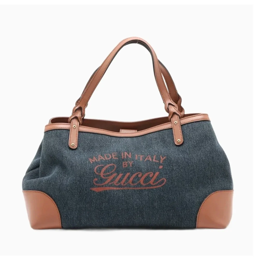 GUCCI Craft Logo Navy Denim & Tan Leather Tote Bag - Picture 1 of 5